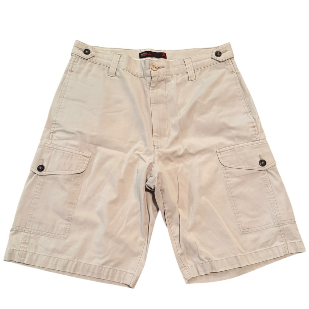 Perry Ellis America Mens Cargo Shorts Tan Khaki‎ Cotton Twill Utility Size 32